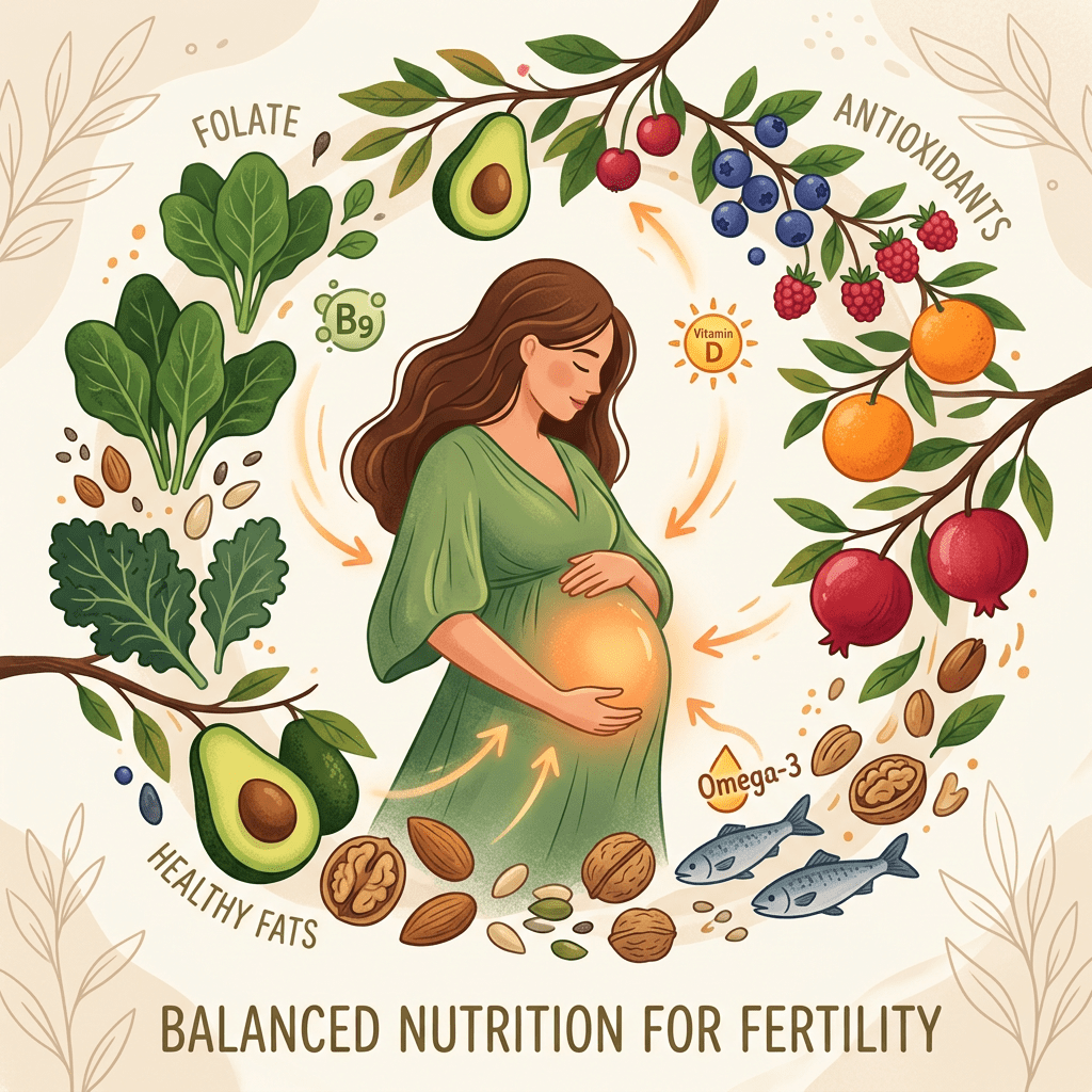 Pregnant woman surrounded by folate-rich greens, antioxidants from berries and fruits, healthy fats like avocado and nuts, vitamin D symbol, and omega-3 rich fish
