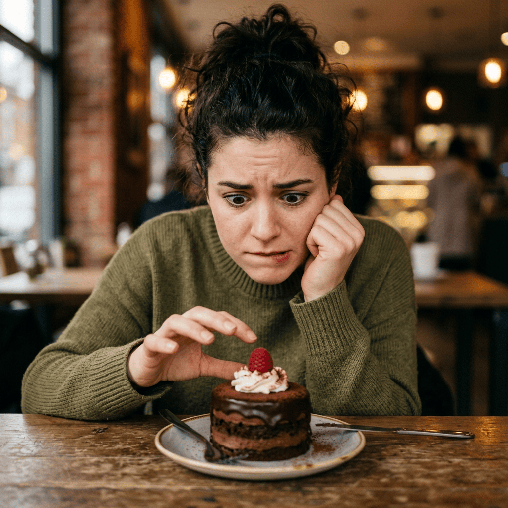 Woman hesitating over a chocolate cake topped with cream and raspberry